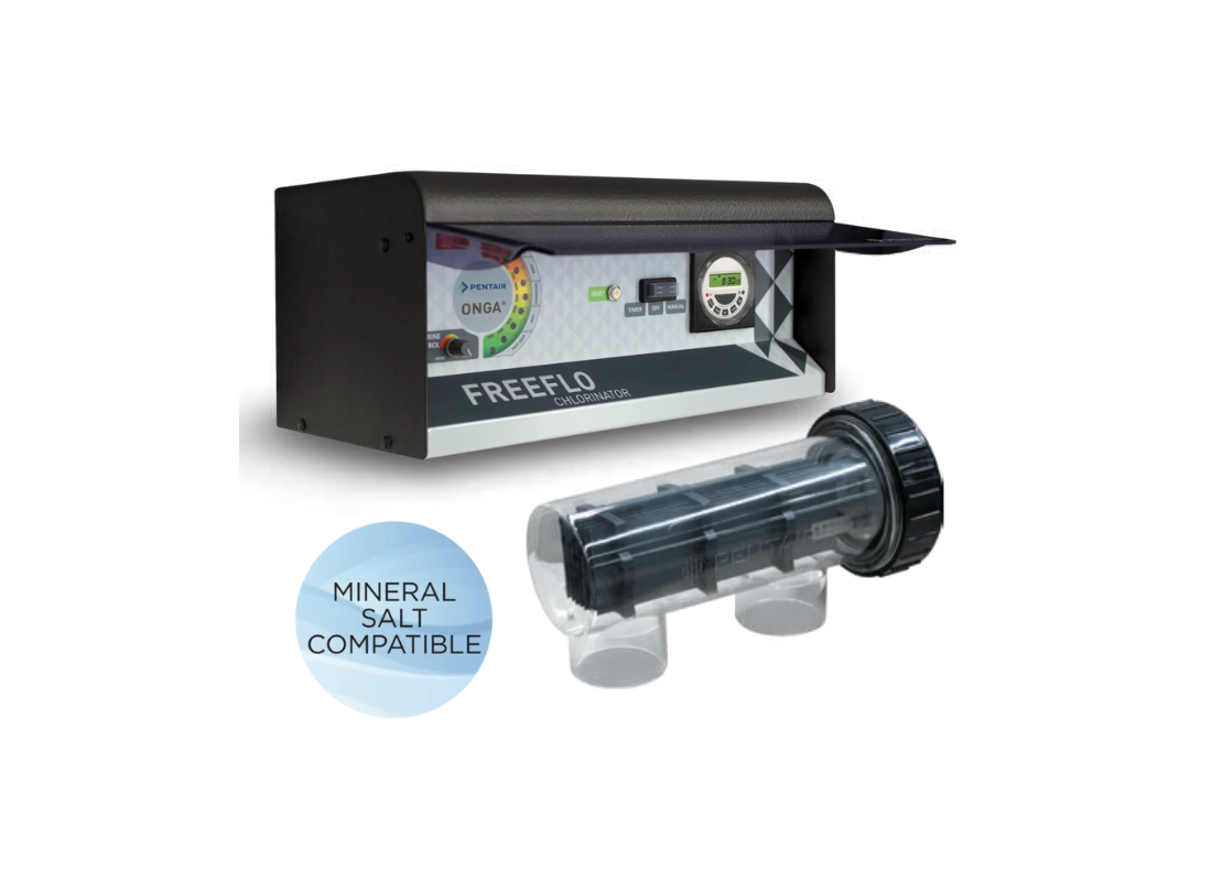 Onga FreeFlo 35g/hr salt chlorinator for high-capacity pools, featuring a titanium cell for efficient sanitizing.