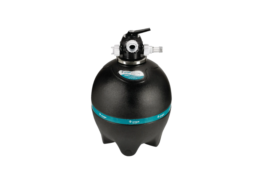 Onga Pantera Series II 29-inch polyethylene sand pool filter with stainless steel clamp, designed for high flow pool systems.