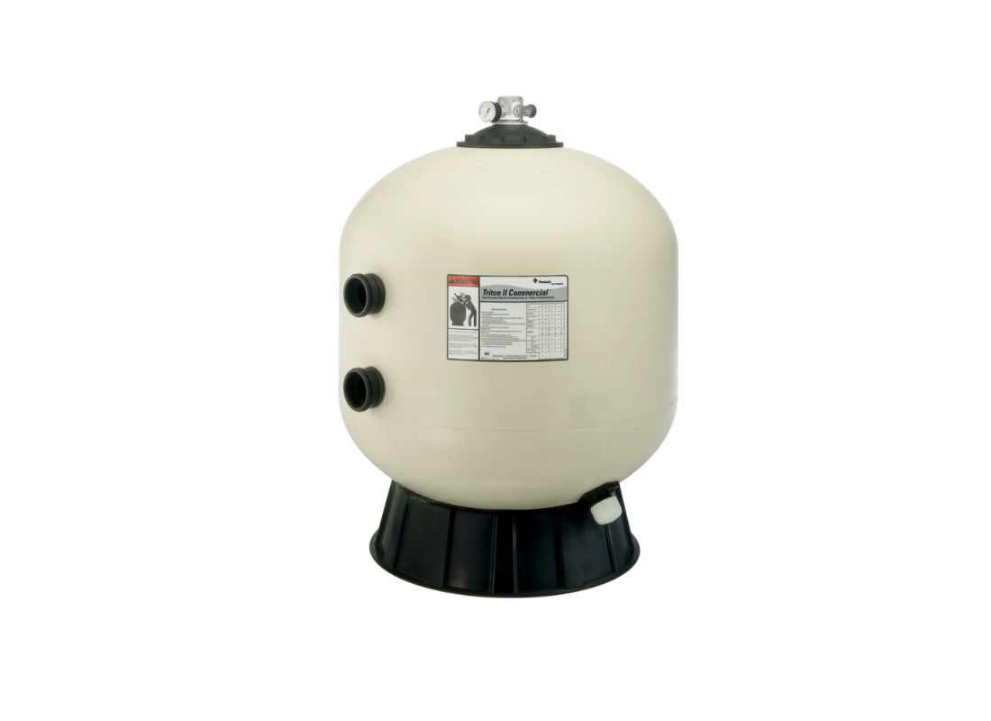 Onga Triton TR140 sand filter for high-capacity pool systems with fiberglass-reinforced tank, showing the filter unit and inlet/outlet connections.