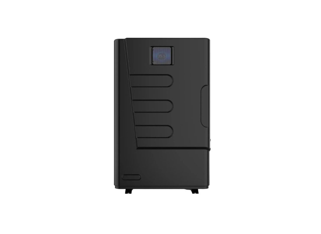 Onga UltraTemp VXi 17kW vertical inverter pool heat pump for spa pools, showcasing the unit's sleek design and control panel.