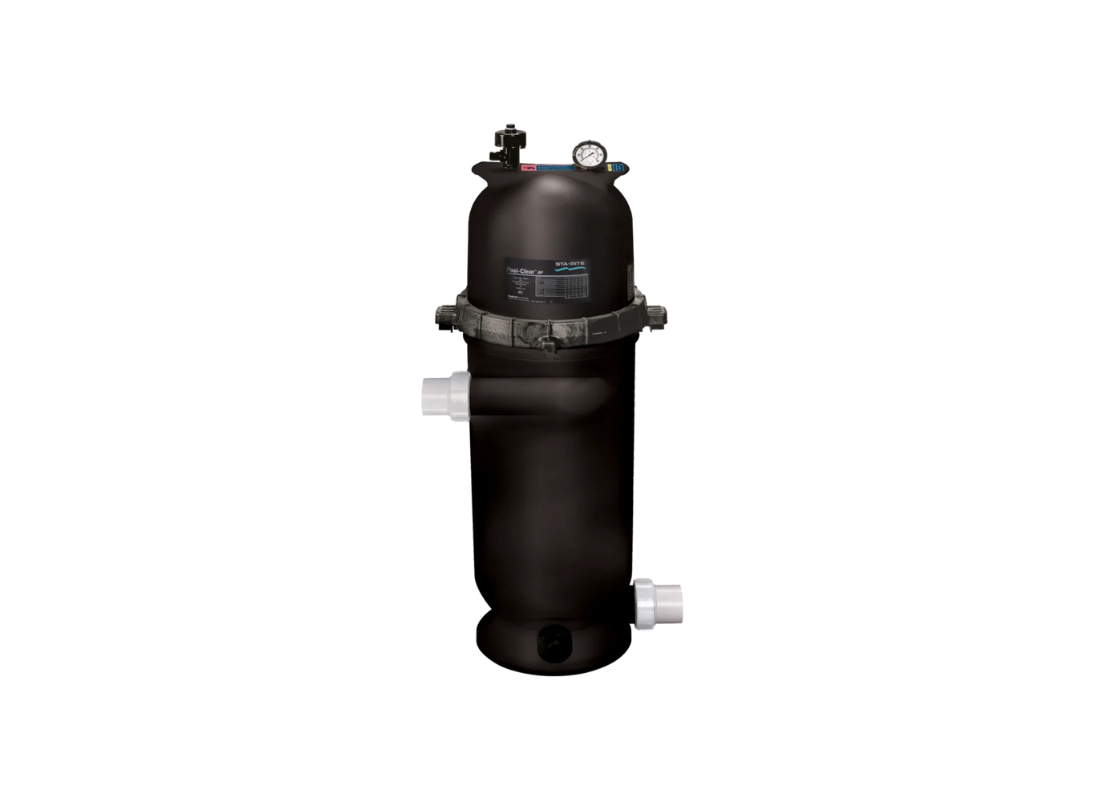 Sta-Rite Posi-Clear RP 150 cartridge filter for high flow pool systems with continuous high flow air relief, shown installed in a pool system.