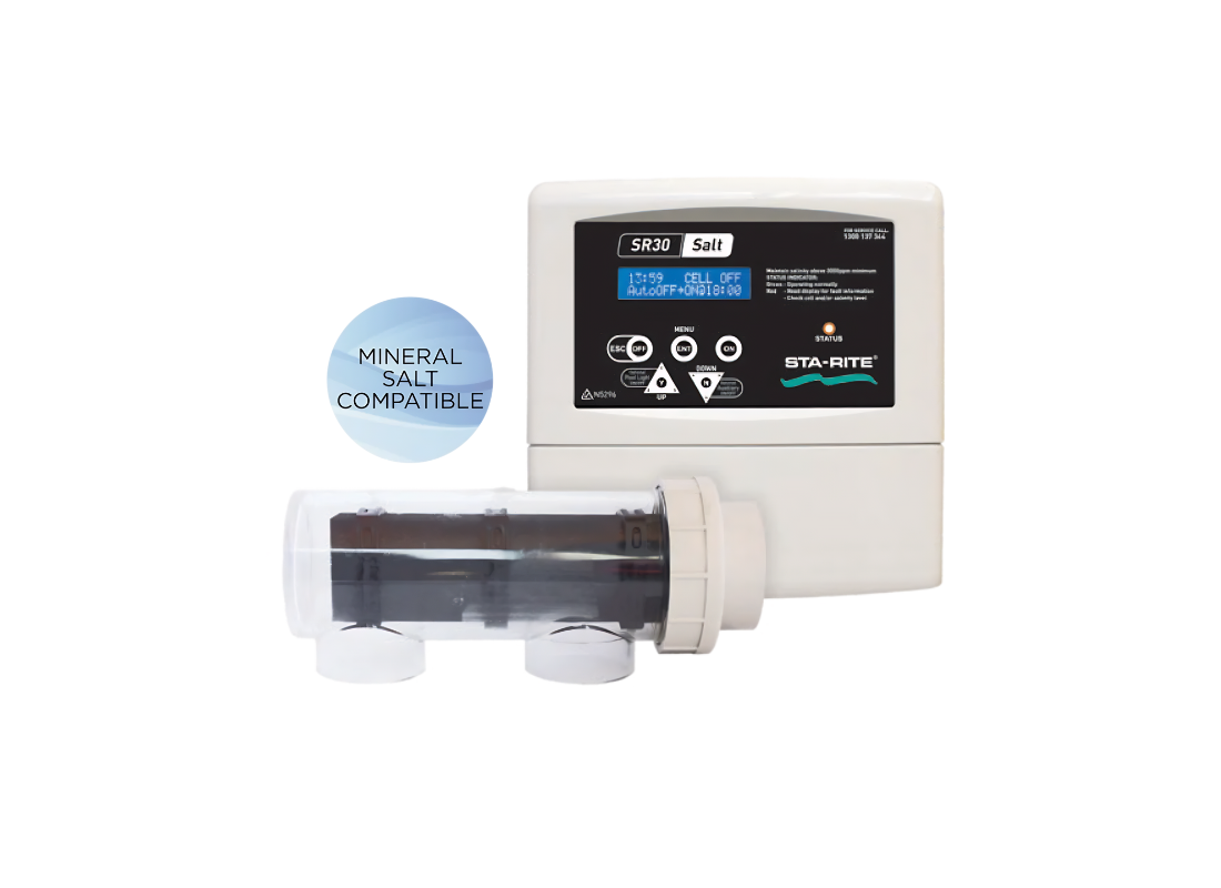 Sta-Rite SR 45 Salt Chlorinator with 45g/hr output and pH doser for automatic pool water balancing.